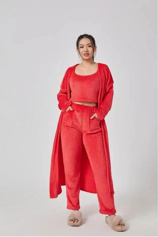 Women's 3-Piece Cozy Lounge Set - Pajama Set with Cardigan - MANDOTOS