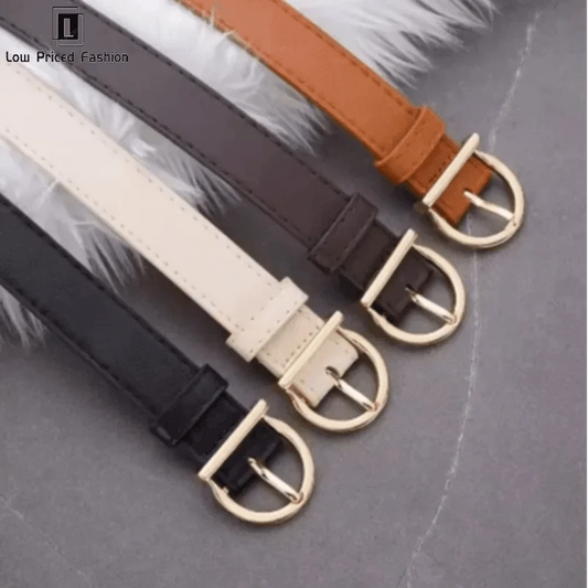 Mandotos women's fashion pin buckle thin belt in soft PU leather, styled with cargo pants and jeans for a chic look.