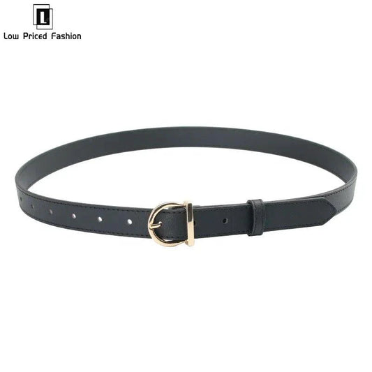 Women's fashion pin buckle thin belt by MANDOTOS in soft leather, styled with cargo pants and jeans for a sleek, windproof look.