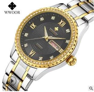 Mandotos WWOOR Elegance gold diamond quartz watch with a sleek design and sparkling diamond accents on the dial.