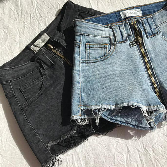 Xuan Ya High-Waisted Denim Shorts with Hip Zipper for Effortless Style - MANDOTOS
