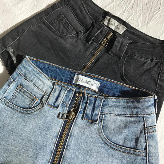 Xuan Ya High-Waisted Denim Shorts with Hip Zipper for Effortless Style - MANDOTOS