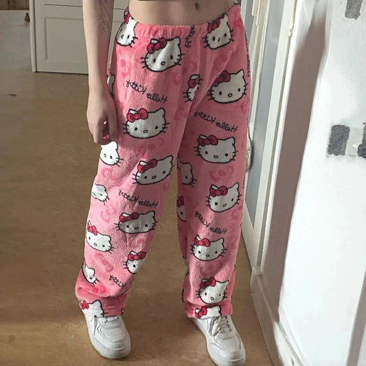 Mandotos Y2K Hello Kitty pajama pants featuring cartoon Hello Kitty design, comfortable women's sleepwear trousers for home leisure.