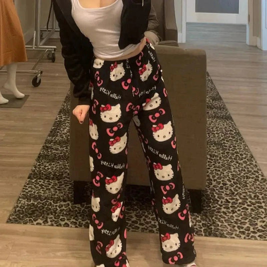 Mandotos Y2K Hello Kitty pajama pants for women, featuring cartoon Hello Kitty design, comfortable leisure sleepwear trousers.