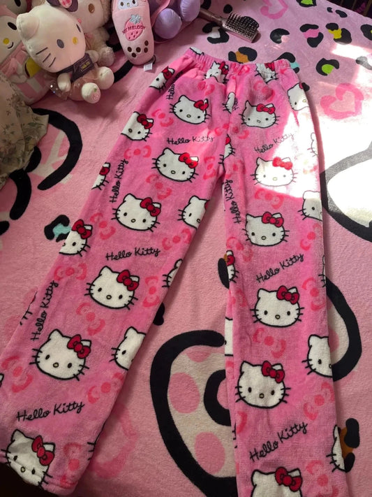Mandotos Y2K Hello Kitty pajama pants for women featuring cartoon Sanrio anime design, comfortable leisure sleepwear trousers.
