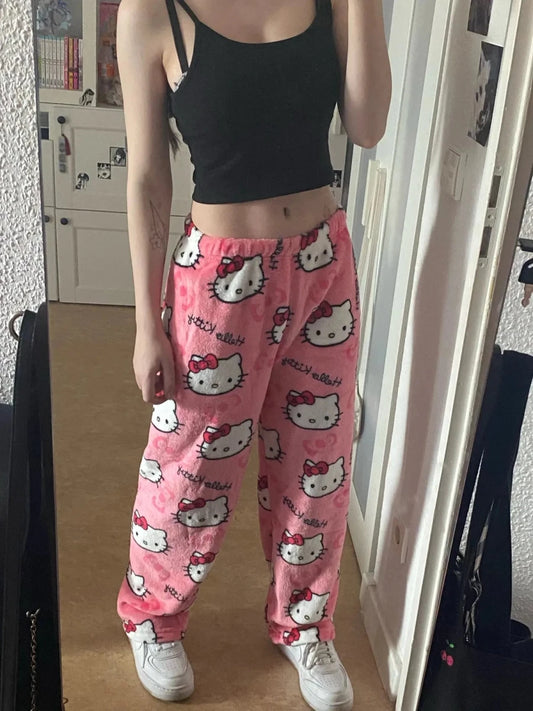 Mandotos Y2K Hello Kitty pajama pants for women featuring cartoon Hello Kitty and Sanrio anime design, comfortable leisure sleepwear.