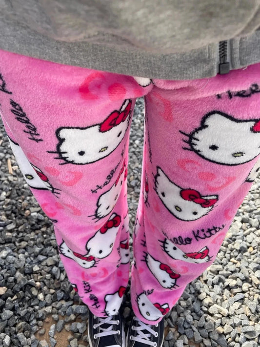 Mandotos Y2K Hello Kitty pajama pants for women featuring Sanrio anime cartoon design, comfortable leisure sleepwear trousers.