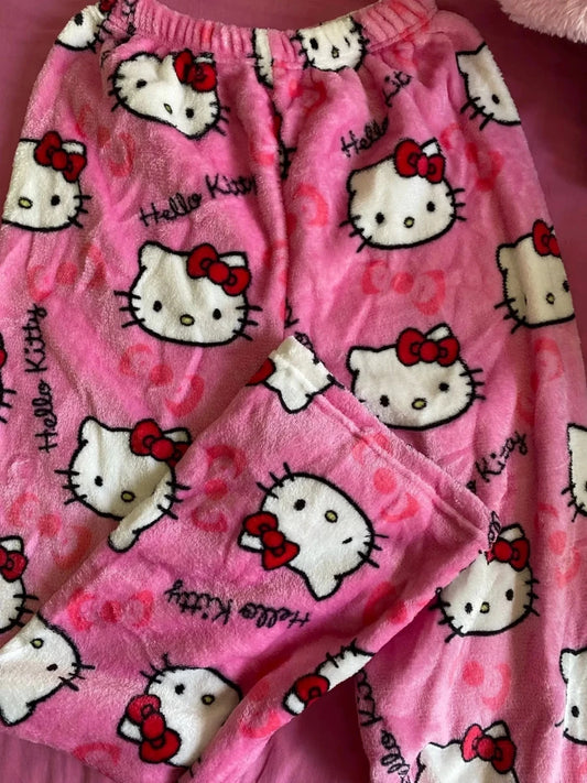 Mandotos Y2K Hello Kitty pajama pants for women featuring cartoon Hello Kitty design, comfortable sleepwear for home and leisure.