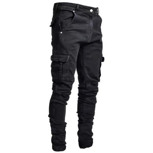 Men Street Elastic Denim Jeans Wash Solid Color Multi Pockets Cargo Pants Casual Slim Fit Daily Wear Joggers Mid Waist Trousers - MANDOTOS