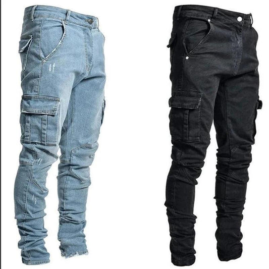 Men Street Elastic Denim Jeans Wash Solid Color Multi Pockets Cargo Pants Casual Slim Fit Daily Wear Joggers Mid Waist Trousers - MANDOTOS