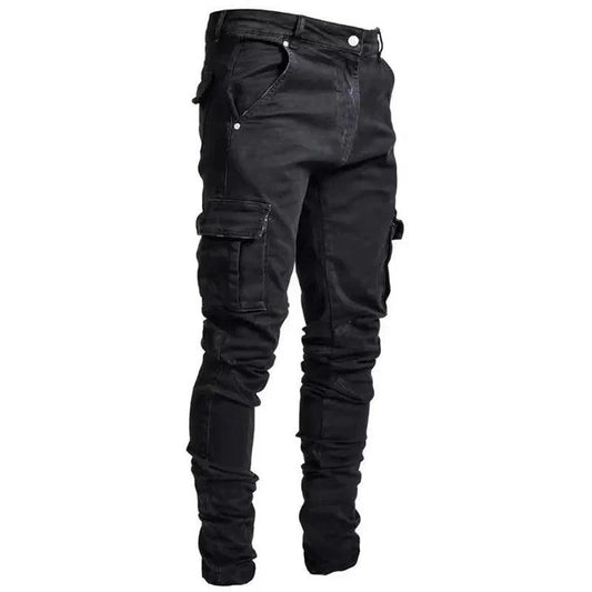 Men Street Elastic Denim Jeans Wash Solid Color Multi Pockets Cargo Pants Casual Slim Fit Daily Wear Joggers Mid Waist Trousers - MANDOTOS