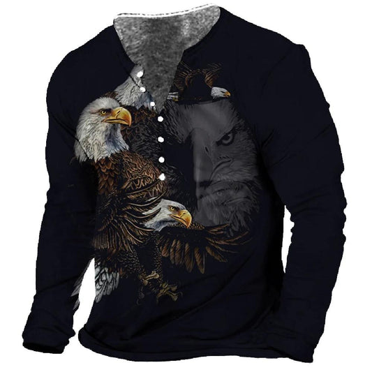 Men T-Shirt Henley Vintage Eagle Motorcycle Print Long Sleeve Daily Top Harajuku Streetwear Tee Men Seven Button  Pullover