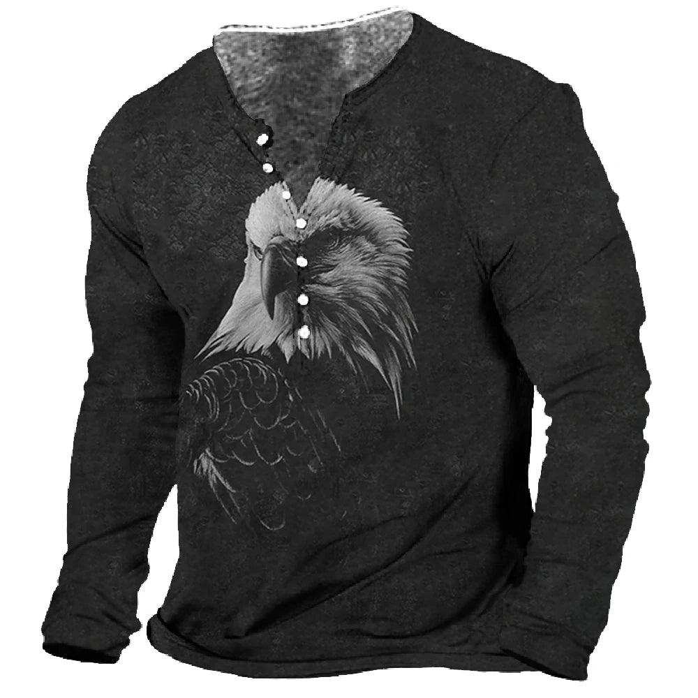 Men T-Shirt Henley Vintage Eagle Motorcycle Print Long Sleeve Daily Top Harajuku Streetwear Tee Men Seven Button Pullover