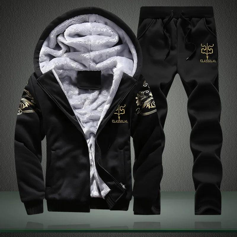 Men's autumn and winter sports set hooded casual cardigan jacket outdoor thickened warm sports shirt+pants two-piece set -