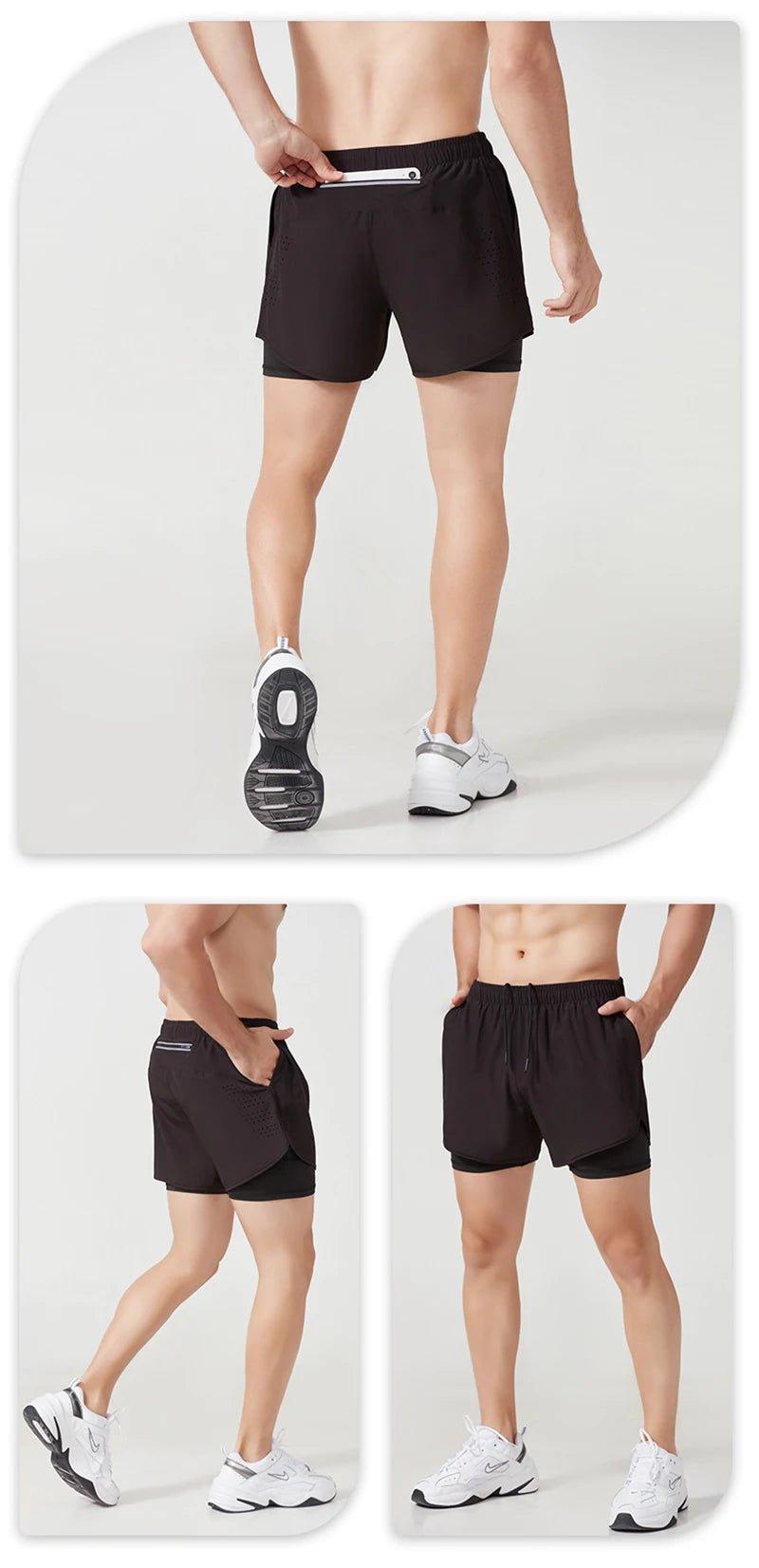 Men's Running Shorts Quick-drying Fitness Black Double Layer Shorts Men New Sport Workout Training Bodybuilding Short Pants - MANDOTOS