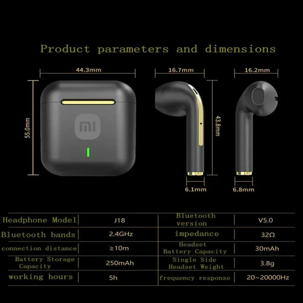 Xiaomi J18 true wireless earbuds with noise cancelling, HiFi stereo sound, in-ear design, microphone, and waterproof feature.
