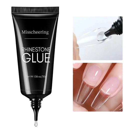 Mandotos 30g nail rhinestone glue gel by Misscheering for 3D nail charms, showing the gel application on nails.