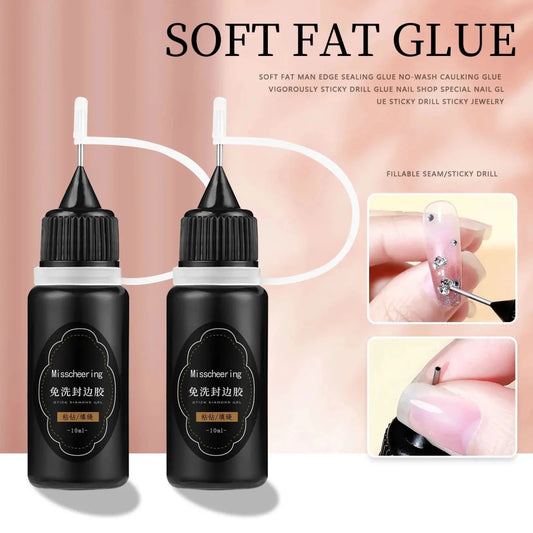 Mandotos 30g nail rhinestone glue gel from Misscheering for 3D nail charms, shown in a clear jar with applicator brush.