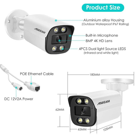 New 4K 8MP IP Camera Audio Outdoor POE H.265 Onvif Metal Bullet Home Color Night Vision Surveillance Camera - MANDOTOS