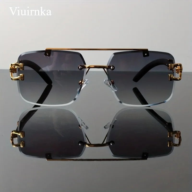 New -Bridge Rimless Square Sunglasses, Featuring Trendy Leopard Print and Wood Grain Design for Men and Women, Perfect for - MANDOTOS INTERNATIONAL