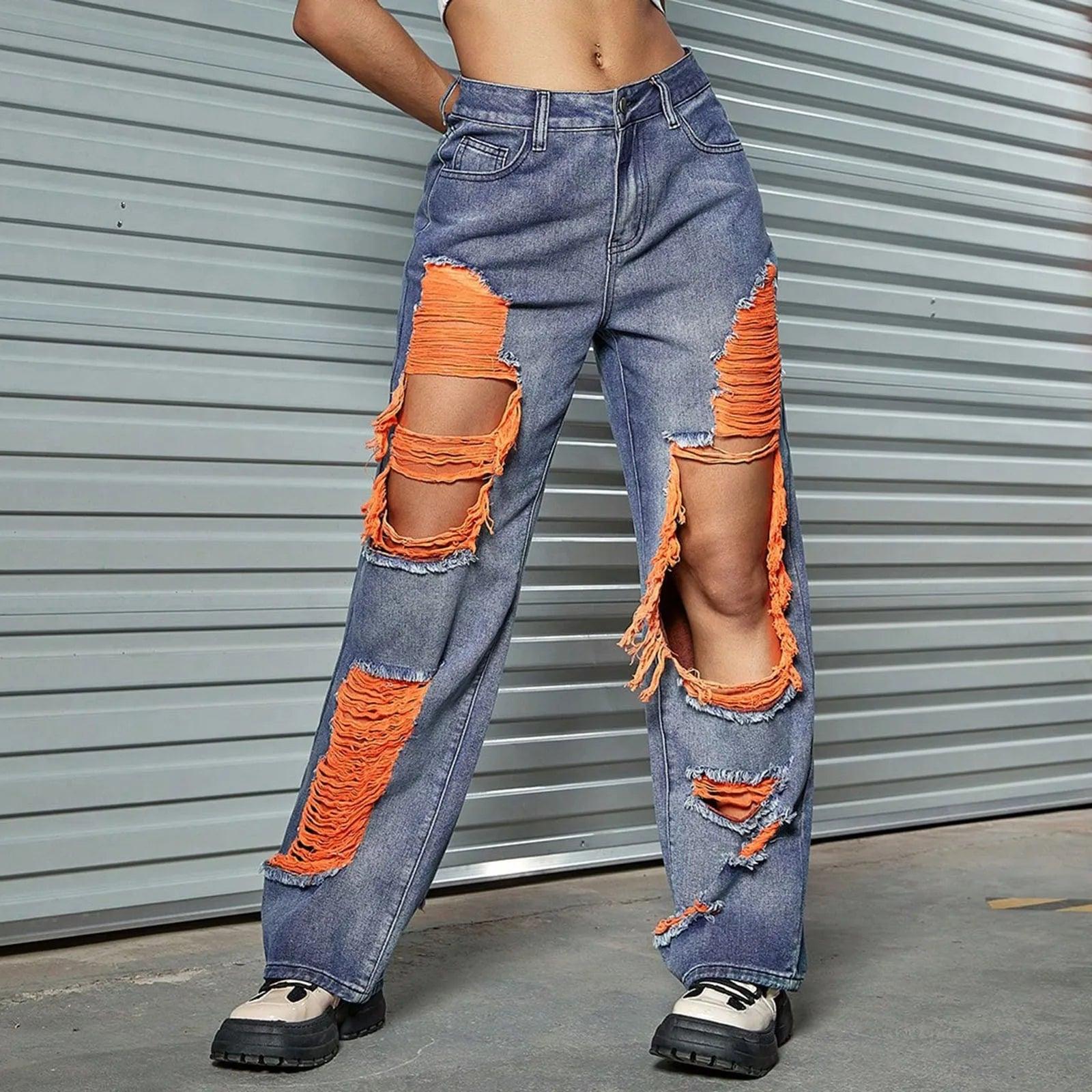 New Hole Ripped Jeans Women Booty Lifting Jeans Street Hip Hop Straight Leg Jeans Women'S Pants Korean Reviews Many Clothes - MANDOTOS