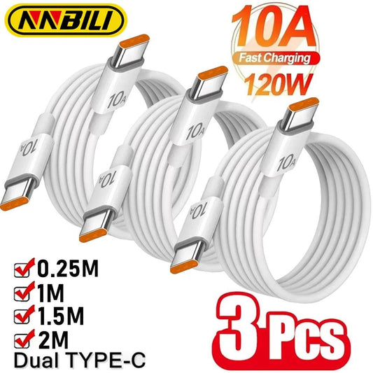 NNBILI 3Pcs Universal 120W 10A Fast Charger PD Dual Type C Quick Charging Cable Data Wire Cord For iPhone 15 16 Samsung HUAWEI - MANDOTOS
