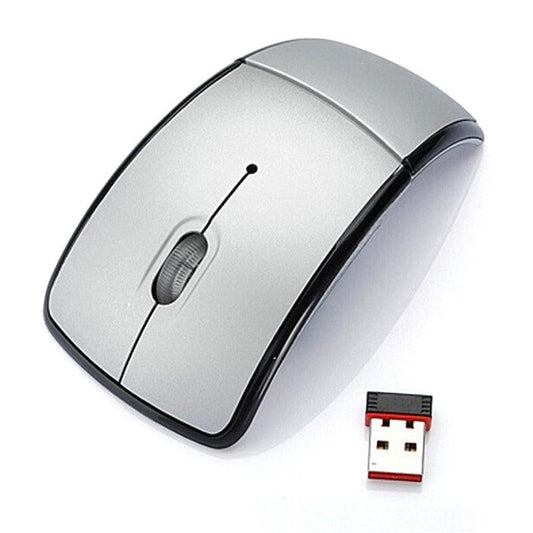 Wireless foldable mouse, compact and portable computer accessory with ergonomic design for easy use and storage.