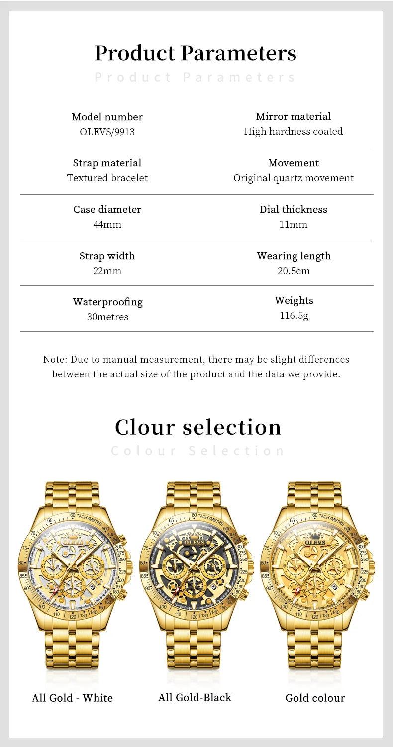 OLEVS Lxuxry Brand Gold Men's Watches Full Skeleton Stainless steel Chronograph Wristwatch Waterproof Luminous Quartz Watch Men - MANDOTOS