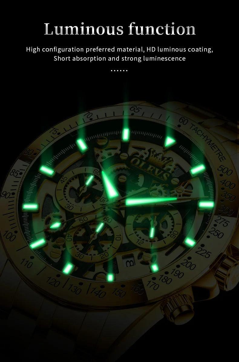 OLEVS Lxuxry Brand Gold Men's Watches Full Skeleton Stainless steel Chronograph Wristwatch Waterproof Luminous Quartz Watch Men - MANDOTOS