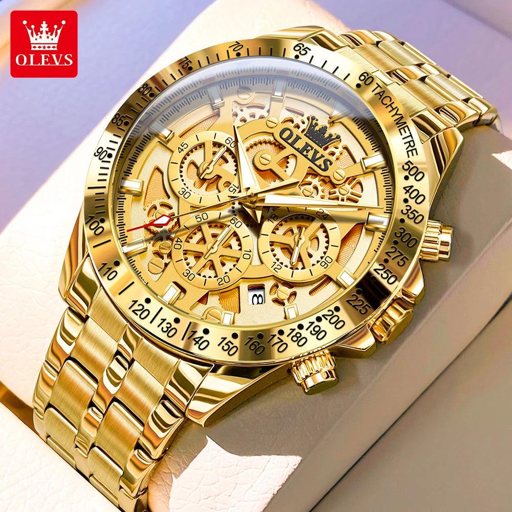 OLEVS Lxuxry Brand Gold Men's Watches Full Skeleton Stainless steel Chronograph Wristwatch Waterproof Luminous Quartz Watch Men - MANDOTOS