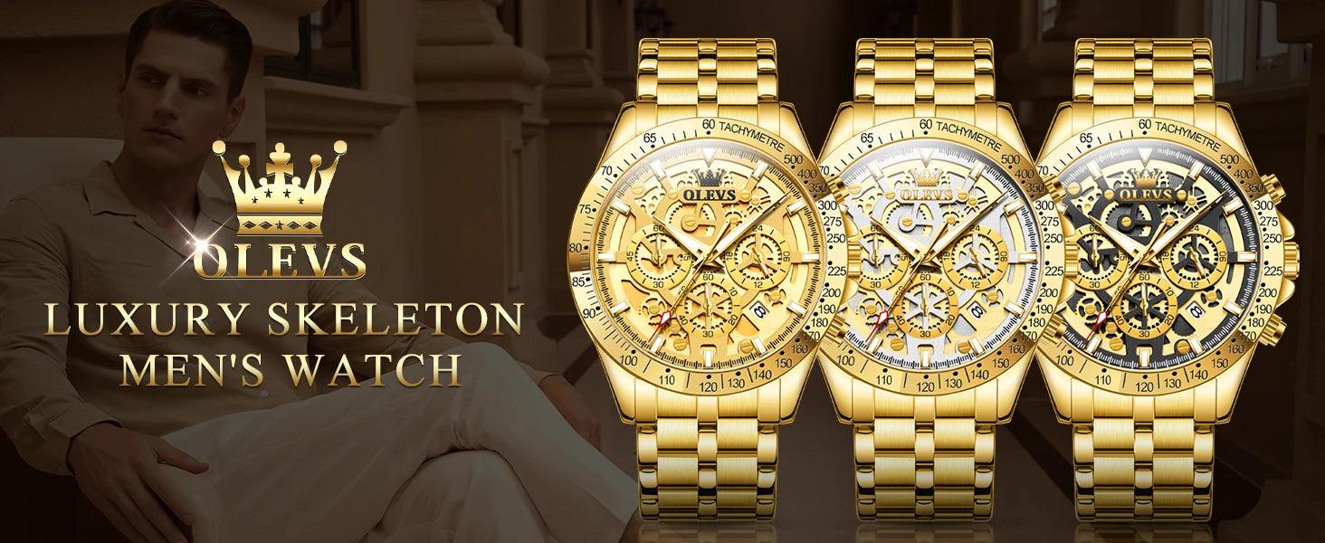 OLEVS Lxuxry Brand Gold Men's Watches Full Skeleton Stainless steel Chronograph Wristwatch Waterproof Luminous Quartz Watch Men - MANDOTOS