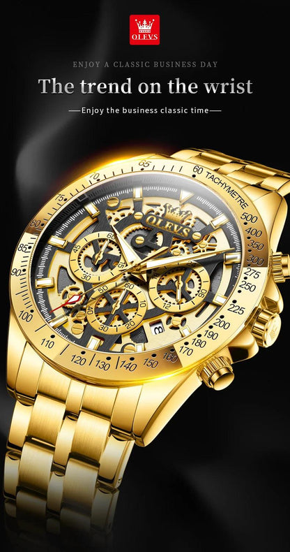 OLEVS Lxuxry Brand Gold Men's Watches Full Skeleton Stainless steel Chronograph Wristwatch Waterproof Luminous Quartz Watch Men - MANDOTOS
