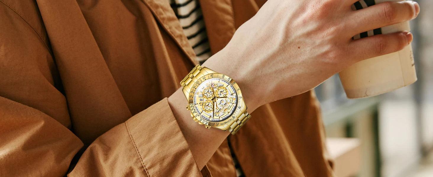 OLEVS Lxuxry Brand Gold Men's Watches Full Skeleton Stainless steel Chronograph Wristwatch Waterproof Luminous Quartz Watch Men - MANDOTOS