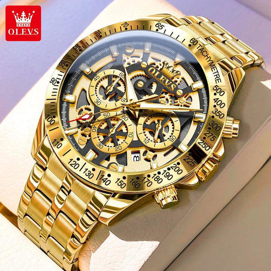 OLEVS Lxuxry Brand Gold Men's Watches Full Skeleton Stainless steel Chronograph Wristwatch Waterproof Luminous Quartz Watch Men - MANDOTOS