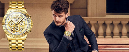 OLEVS Lxuxry Brand Gold Men's Watches Full Skeleton Stainless steel Chronograph Wristwatch Waterproof Luminous Quartz Watch Men - MANDOTOS