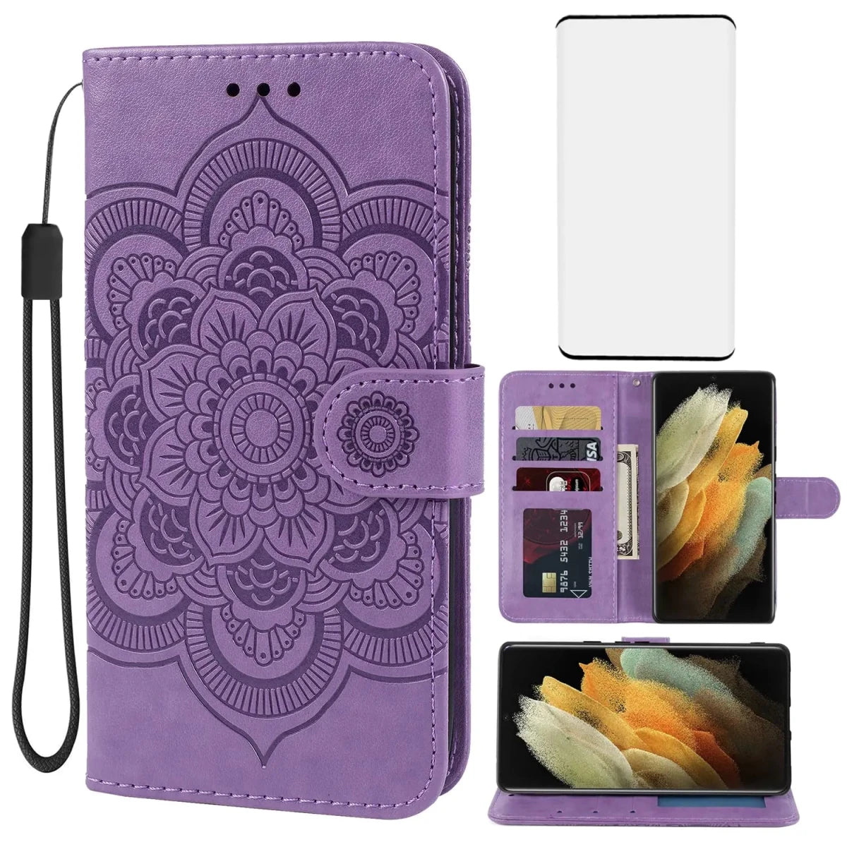 Bohefo Galaxy S21 Ultra Leather Wallet Case with Screen Protector - Purple - MANDOTOS INTERNATIONAL
