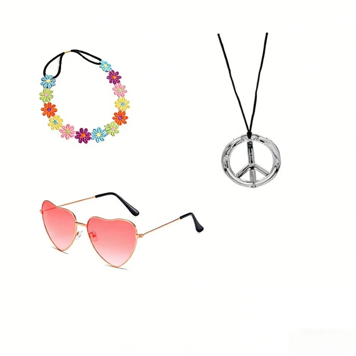 PESENAR 60s Hippie Costume Accessory Set with Flower Headband, Pink Heart Sunglasses and Peace Sign Necklace - MANDOTOS INTERNATIONAL