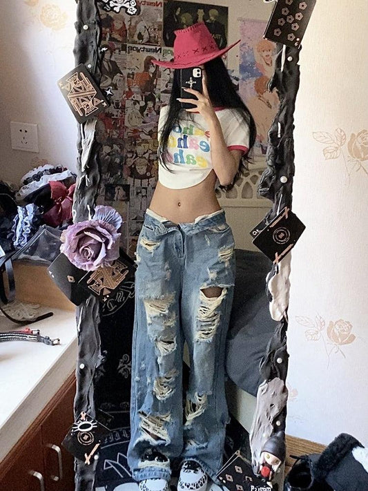 Plus Size American High Street Wide Leg Ripped Denim Women's Summer Retro High Waist Straight-leg Loose Mop Pants Pants - MANDOTOS