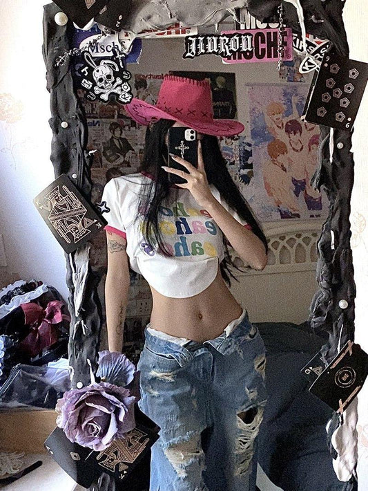 Plus Size American High Street Wide Leg Ripped Denim Women's Summer Retro High Waist Straight-leg Loose Mop Pants Pants - MANDOTOS