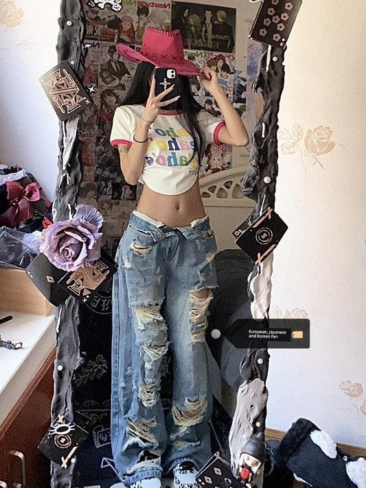 Plus Size American High Street Wide Leg Ripped Denim Women's Summer Retro High Waist Straight-leg Loose Mop Pants Pants - MANDOTOS