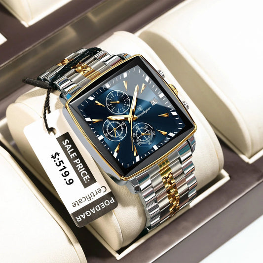 POEDAGAR Men's Square Chronograph Watch - Luminous Waterproof Stainless Steel Quartz Wristwatch - MANDOTOS