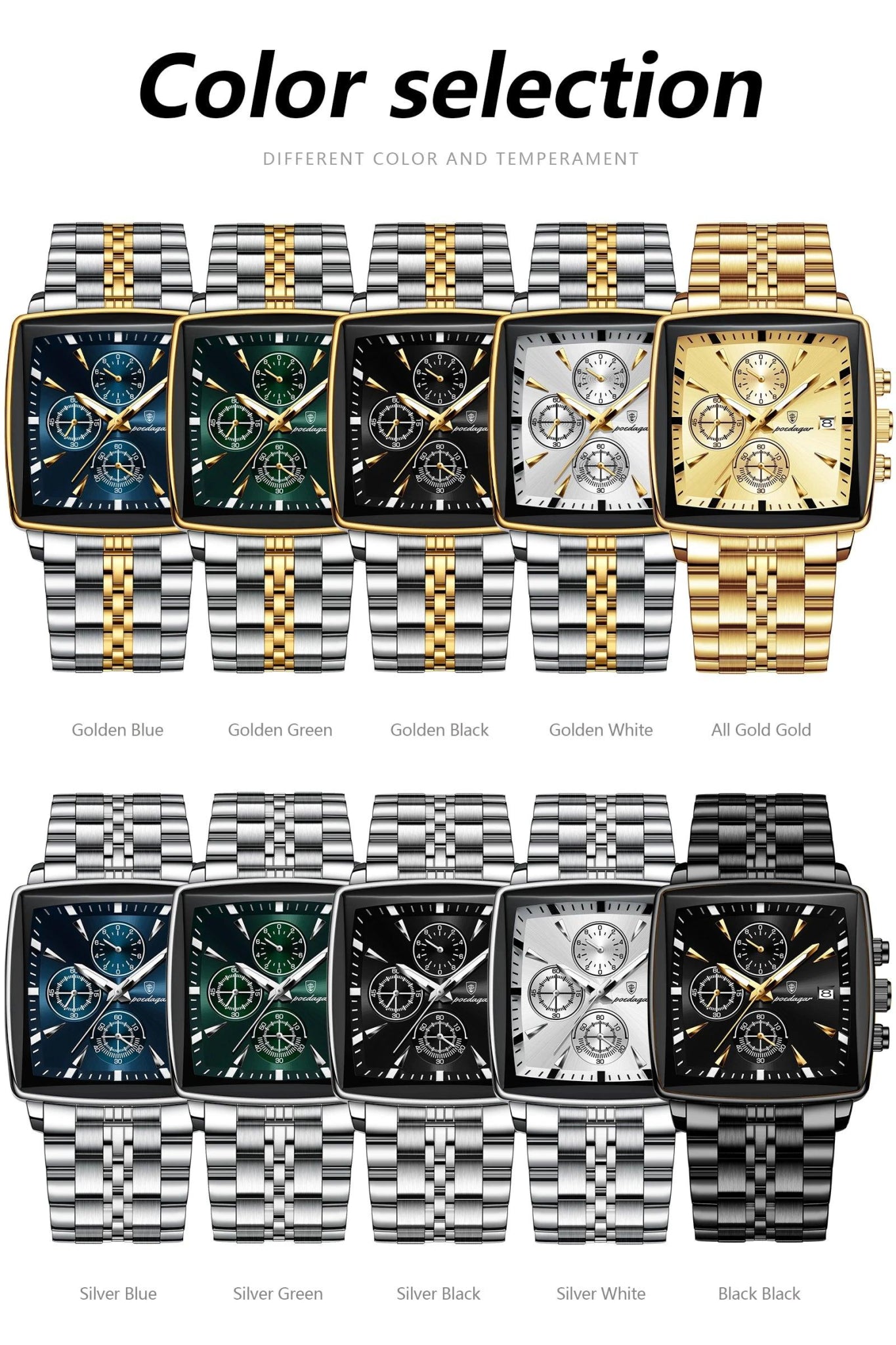 POEDAGAR Fashion Men Watch Luminous Waterproof Chronograph Date Man Wristwatch Square Stainless Steel Quartz Men's Watches Reloj - MANDOTOS