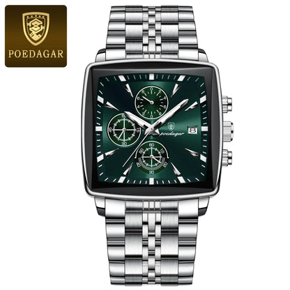 POEDAGAR Fashion Men Watch Luminous Waterproof Chronograph Date Man Wristwatch Square Stainless Steel Quartz Men's Watches Reloj - MANDOTOS