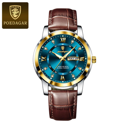 POEDAGAR Luxury Business Men Watch Waterproof Luminous Week Date Man Wristwatch High Quality Leather Sports Men's Quartz Watches - MANDOTOS