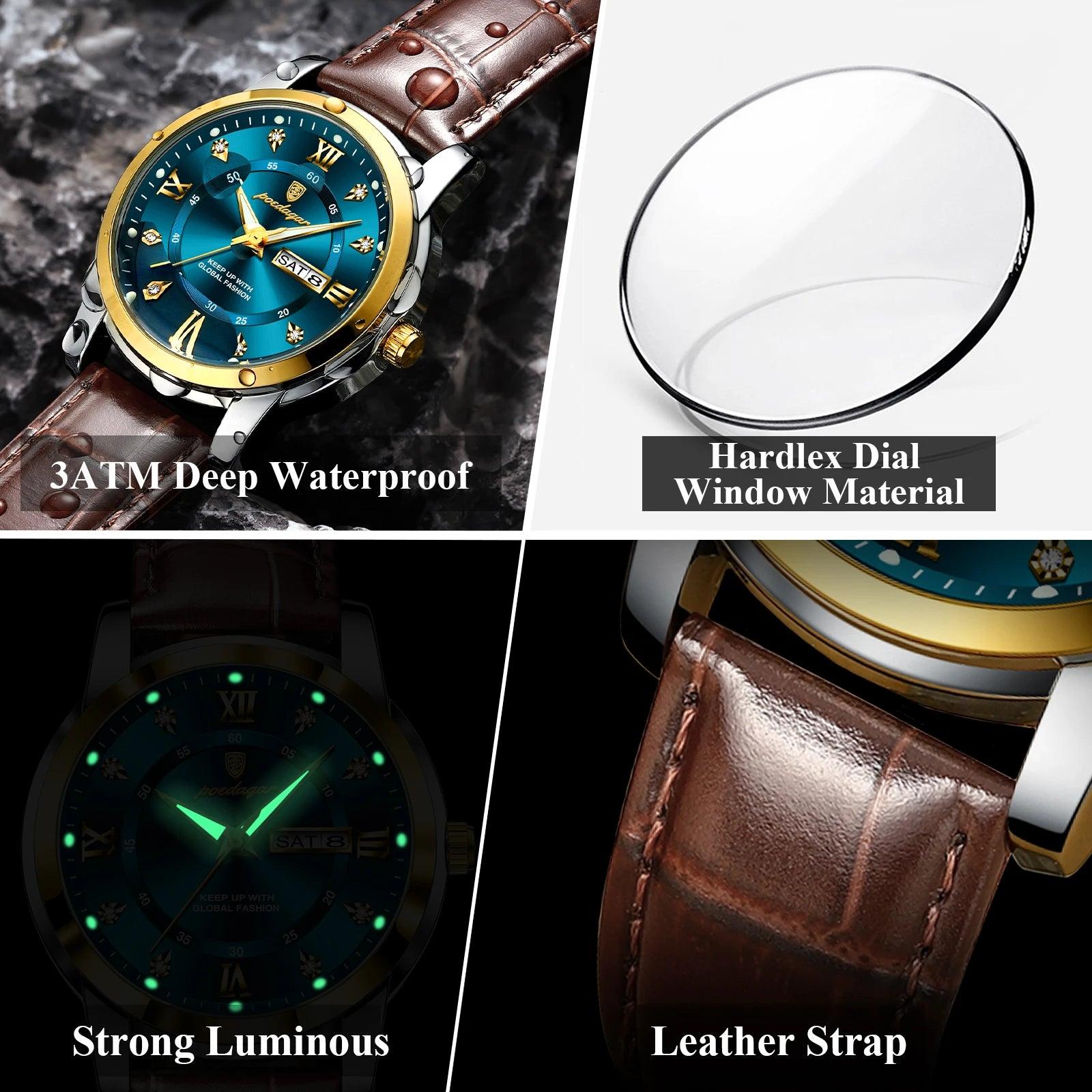 POEDAGAR Luxury Business Men Watch Waterproof Luminous Week Date Man Wristwatch High Quality Leather Sports Men's Quartz Watches - MANDOTOS