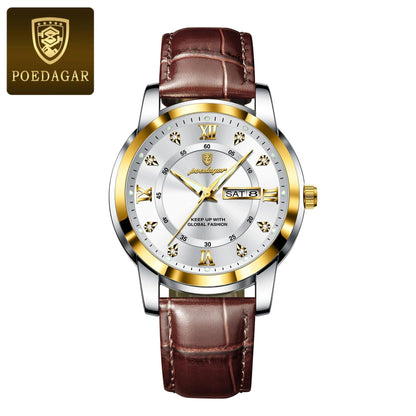 POEDAGAR Luxury Business Men Watch Waterproof Luminous Week Date Man Wristwatch High Quality Leather Sports Men's Quartz Watches - MANDOTOS