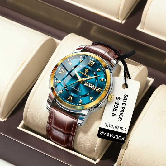 POEDAGAR Luxury Men's Quartz Watch - Waterproof, Luminous, Date Display, High-Quality Leather Strap, Sporty Design - MANDOTOS