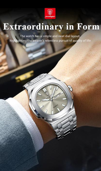 POEDAGAR Luxury Military Man Watch Square Waterproof Luminous Date Week Men Watch Stainless Steel Quartz Men's Watches Reloj+box - MANDOTOS