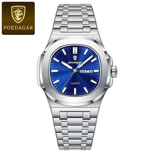 POEDAGAR Luxury Military Man Watch Square Waterproof Luminous Date Week Men Watch Stainless Steel Quartz Men's Watches Reloj+box - MANDOTOS