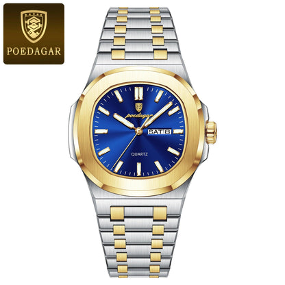 POEDAGAR Luxury Military Man Watch Square Waterproof Luminous Date Week Men Watch Stainless Steel Quartz Men's Watches Reloj+box - MANDOTOS